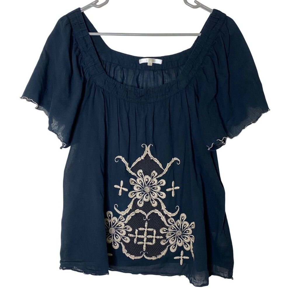 Matty M Embroidered Boho Blouse L Black Peasant Top Flutter Sleeve India
